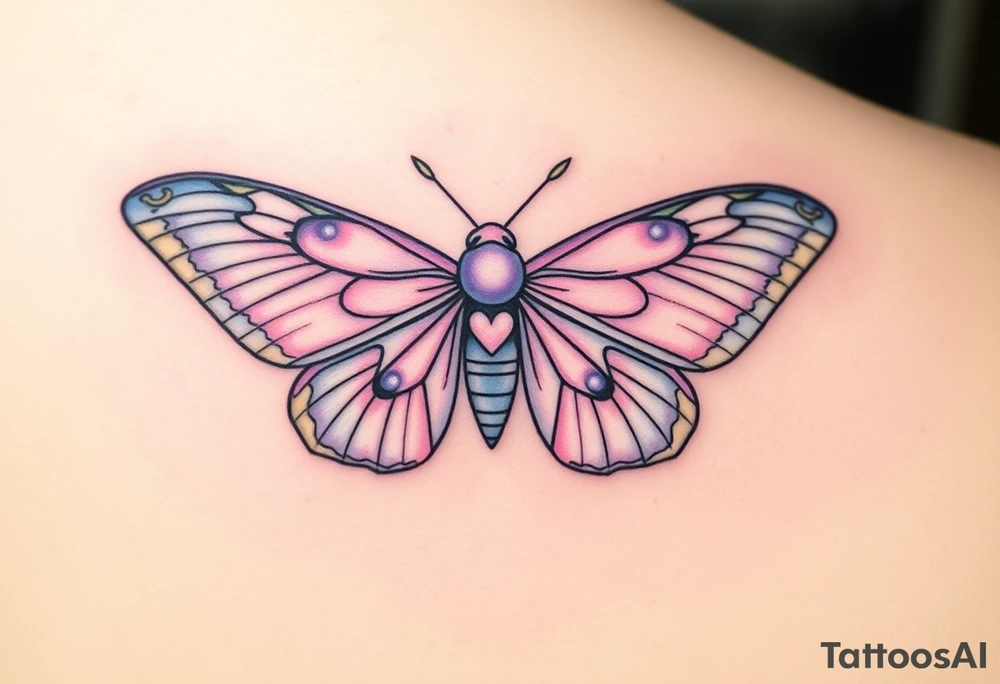 A delicate moth with intricately patterned wings, adorned with soft pastel hues of lavender, pale pink, and light blue. The wings are outlined in fine black ink to accentuate the details, with small golden accents at the tips of the wings, symbolizing enlightenment and transformation. In the center of the moth’s body, a small heart-shaped symbol is subtly integrated, representing love. tattoo idea