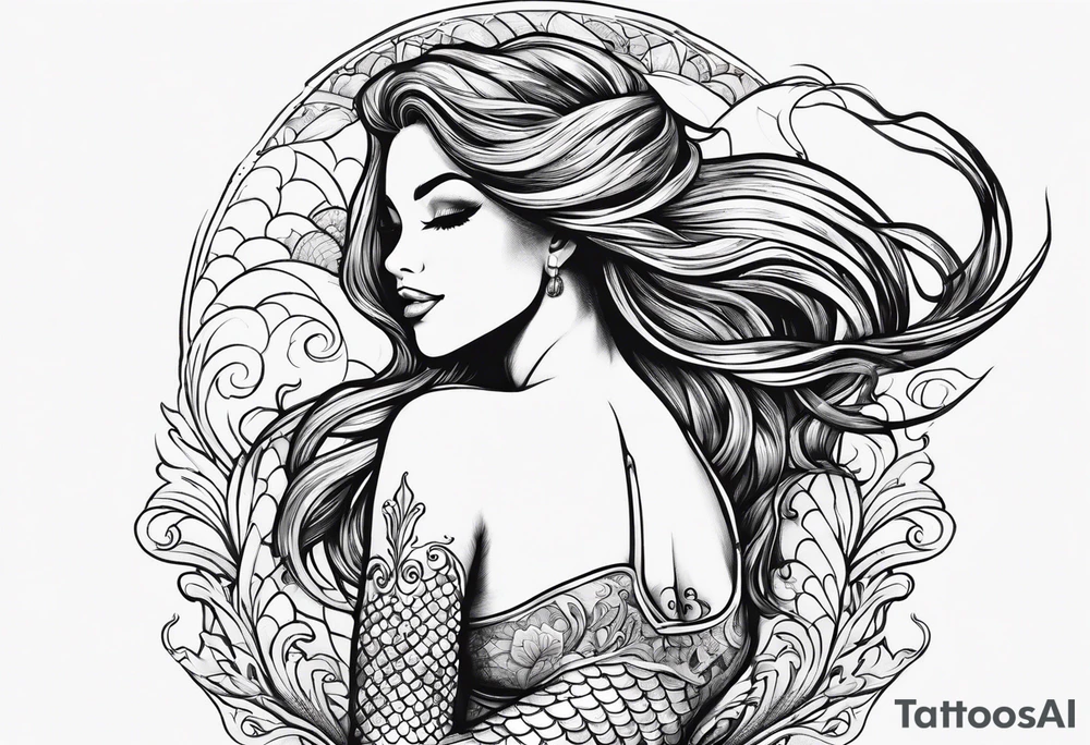 Mermaid with her arm up in the air above her head and smiling tattoo idea