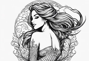 Mermaid with her arm up in the air above her head and smiling tattoo idea