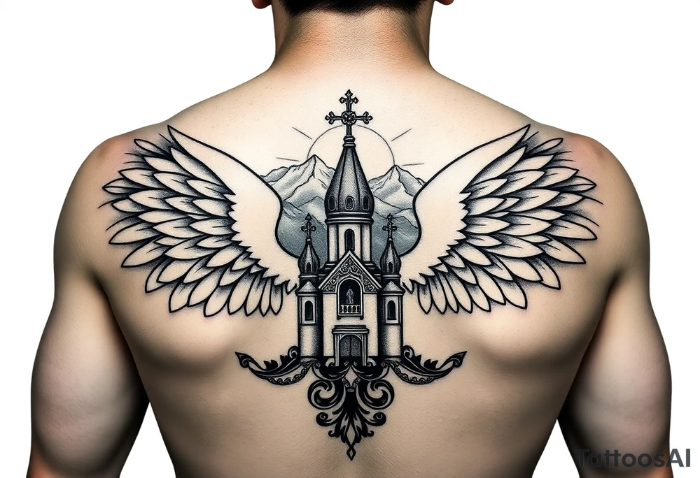 russian coat of arms with both heads visible & wings spanning out on my back neck across on to my shoulders with an orthodox christian church being visible in a mountainous sun beaming setting, with the russian orthodox cross spire of the orthodox church being visible on my neck with a sun beaming in the background that the cross sits inside tattoo idea