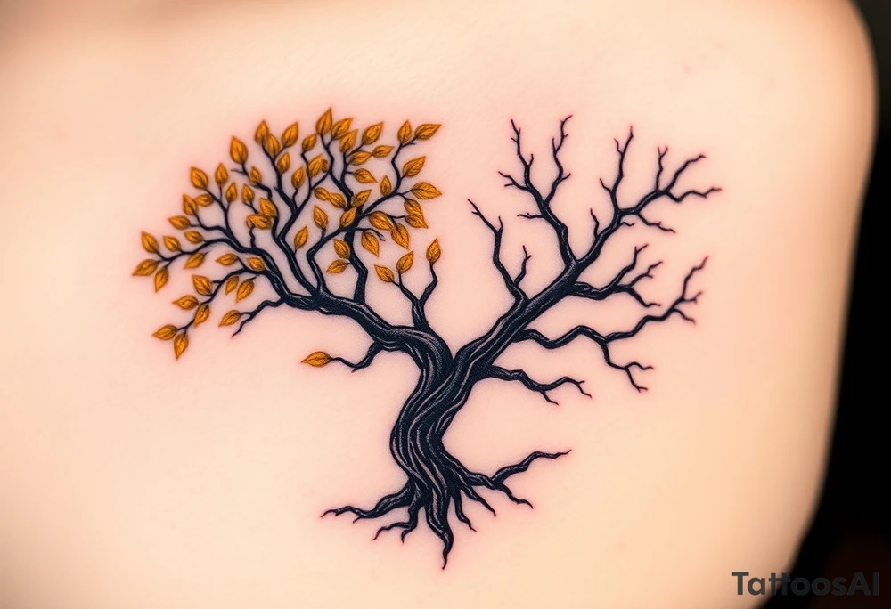 A tree of life with golden leaves, flourishing on one side, symbolizing growth and harmony, juxtaposed against a barren black tree with twisted branches and deep red eyes peering through the shadows, signifying decay and destruction tattoo idea