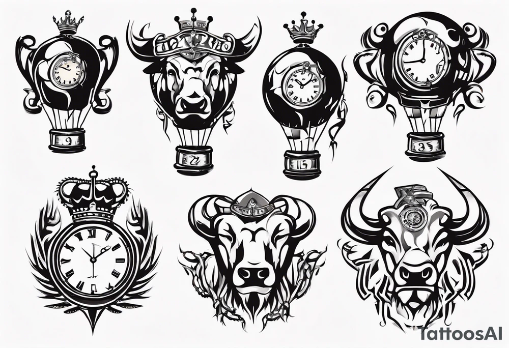 Ballon de foot avec le numéro23 ,  une horloge avec une couronne,  le tout avec au fond un taureau tattoo idea