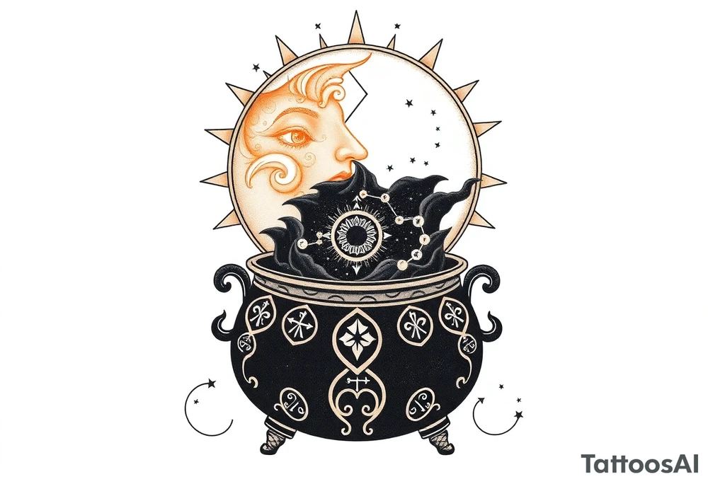 celestial sun and moon with constellation patterns runes in galaxy coming out of witch cauldron tattoo idea