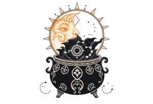 celestial sun and moon with constellation patterns runes in galaxy coming out of witch cauldron tattoo idea