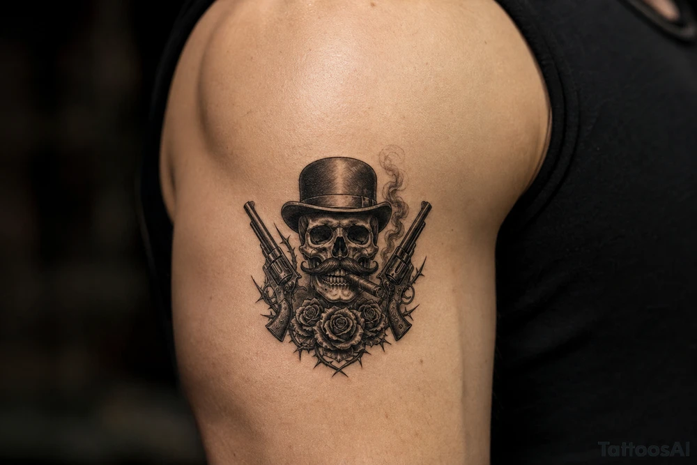 Gothic skull in bowler hat, handlebar mustache, holding smoking cigar, antique revolvers at sides, thorny roses. tattoo idea