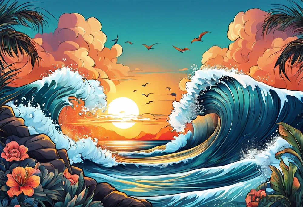 ocean sunrise sleeve tattoo idea