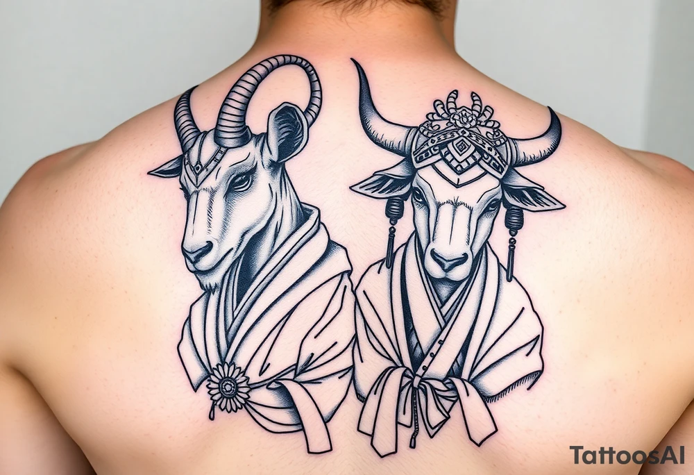 Feminine goat and ox dressed up as geisha warriors tattoo idea