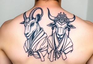 Feminine goat and ox dressed up as geisha warriors tattoo idea