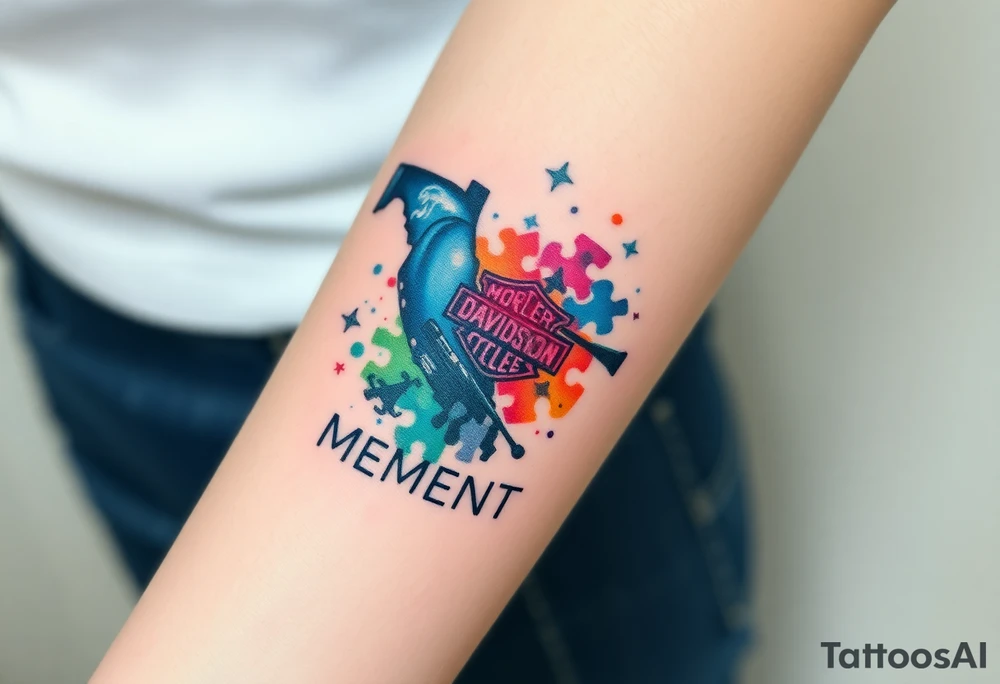 colorful futuristic memory tattoo for passed boyfriend; Florida, gulf coast water, Harley Davidson, skateboarding, puzzle pieces, video games, heaven, god, outdoors, guns, disc golf, words "MEMENTO MORI" tattoo idea