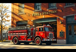 A fire station with an old-school red fire truck parked in front, with warm brick textures and golden sunlight casting long shadows. tattoo idea