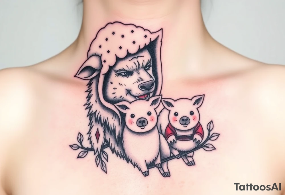 Big bad wolf nursery rhyme wearing a sheep costume with sheep head hood to kill and eat the three little pigs and little red riding hood in the woods tattoo idea