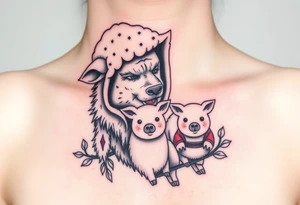 Big bad wolf nursery rhyme wearing a sheep costume with sheep head hood to kill and eat the three little pigs and little red riding hood in the woods tattoo idea