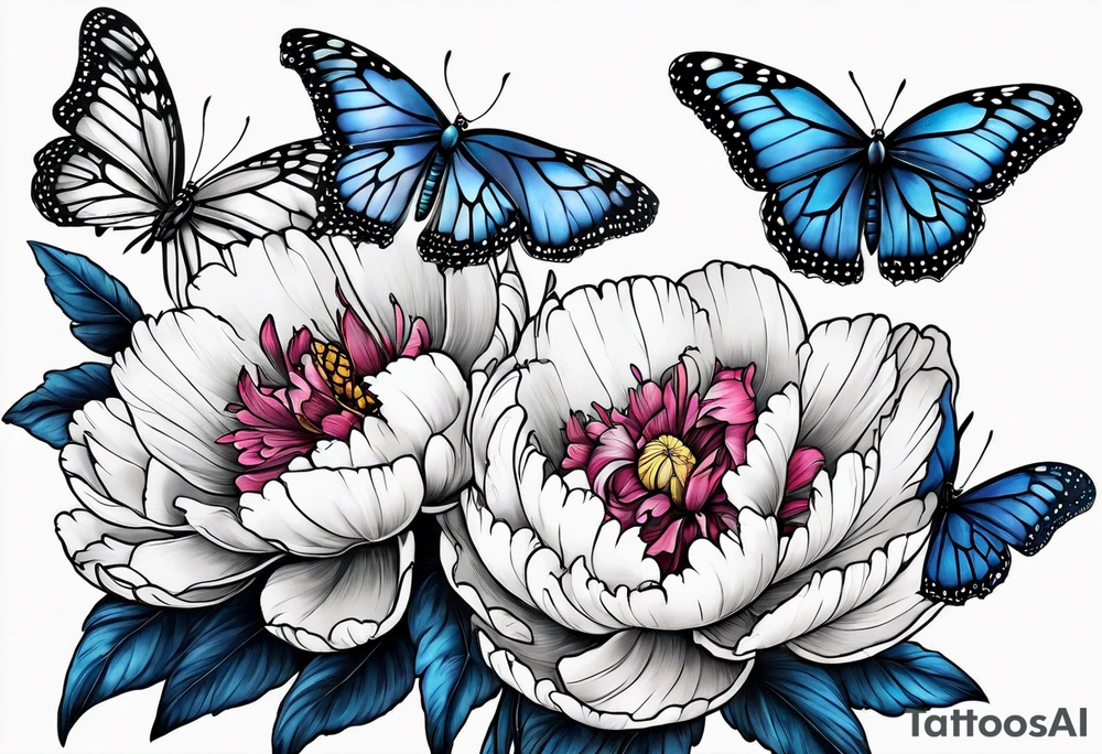 Peony with blue monarch butterflies tattoo idea