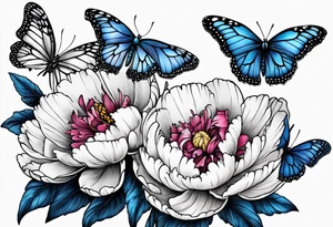 Peony with blue monarch butterflies tattoo idea