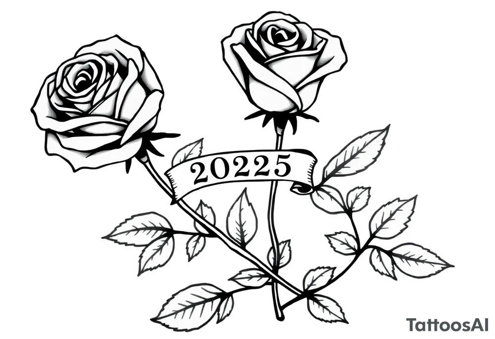 two beautiful large rose buds, one larger than the other, with many leaves next to the rose buds, with one sitting higher than the other. Include a banner connecting the two roses with the year "2025" on it.   Use dark outlines with little shading. The two stems should be short, not long, and connect and join into one stem, whimsically curved or twisted - not straight down. tattoo idea