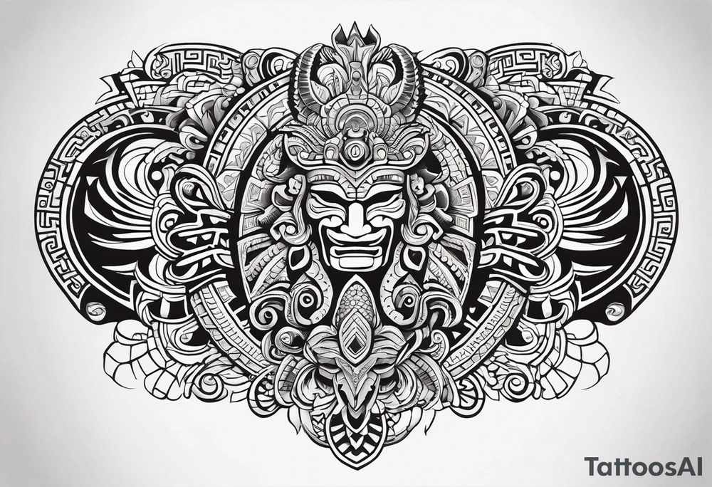 Design a masculine and fierce right chest tattoo of Quetzalcoatl, the Aztec feathered serpent god. Make Quetzalcoatl appear like if emerging from the chest with his powerful, head dynamically leading the way. His face should have sharp, intense features, with fierce, piercing eyes and serpent fangs bared. Incorporate traditional Aztec geometric patterns, like jagged lines and spirals, to emphasize strength and power. Use bold, black ink with subtle shading to give depth and texture, while ensuring the design stays sharp and aggressive. The feathers should appear sharp and stylized, giving an aura of both wisdom and danger. Refrence real illustrations in the Aztec culture tattoo idea