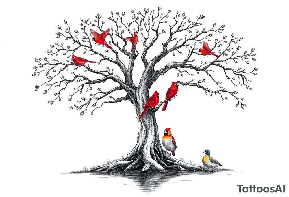 Tree of life with five birds flying out of the tree and  two red cardinals sitting on the tree and a duck in a pond tattoo idea