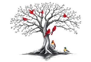 Tree of life with five birds flying out of the tree and  two red cardinals sitting on the tree and a duck in a pond tattoo idea