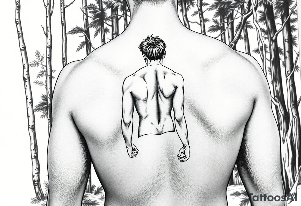naked young man walking in the forest , pin up style, black and white tattoo idea