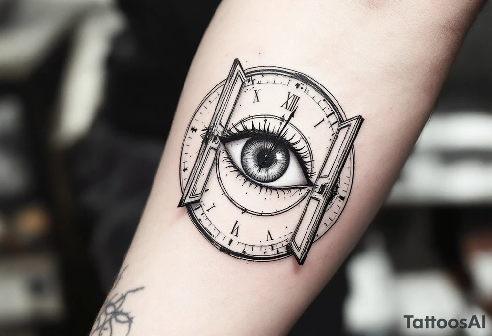 A surreal clock with an eye in place of the dial, eyelids opening like doors, intricate detail, realistic shading, black and gray. tattoo idea