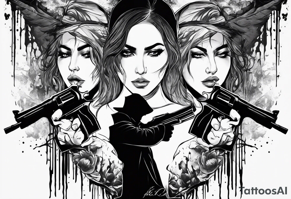 In the reflection of a eye crying blood two black siloets of people holding guns one man dead on the ground with a wounded woman standing behind him tattoo idea
