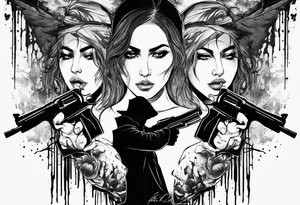 In the reflection of a eye crying blood two black siloets of people holding guns one man dead on the ground with a wounded woman standing behind him tattoo idea