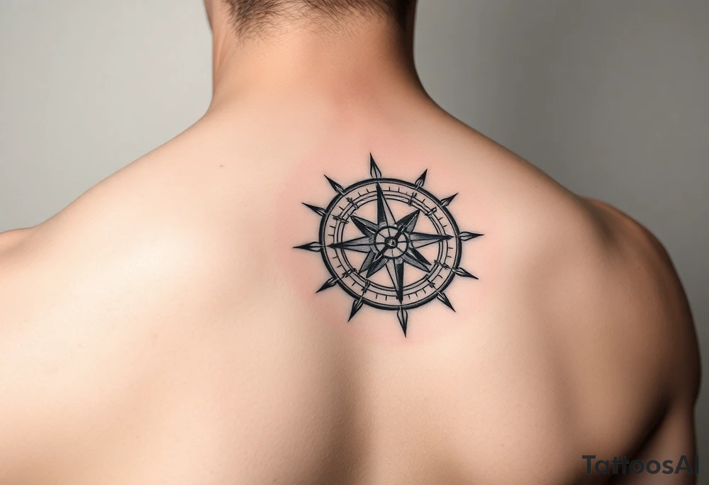 intricate compass on upper right back shoulder of a man. black and white. include cardinal directions and make more detailed. tattoo idea