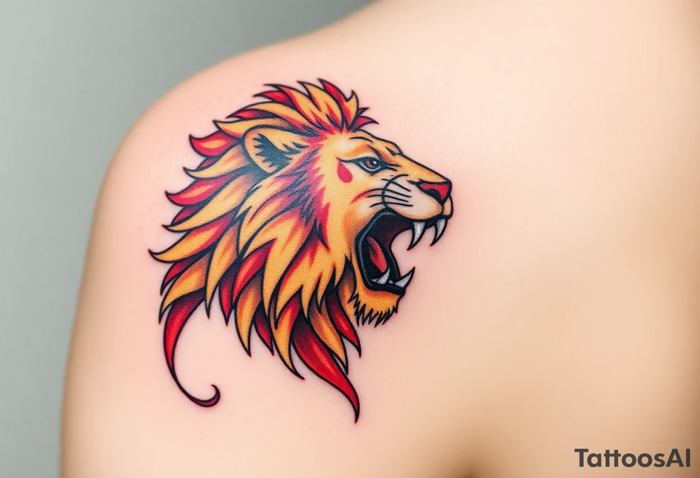 A detailed Czech lion with a golden crown, roaring powerfully, with deep red and black shading for contrast. tattoo idea