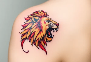 A detailed Czech lion with a golden crown, roaring powerfully, with deep red and black shading for contrast. tattoo idea