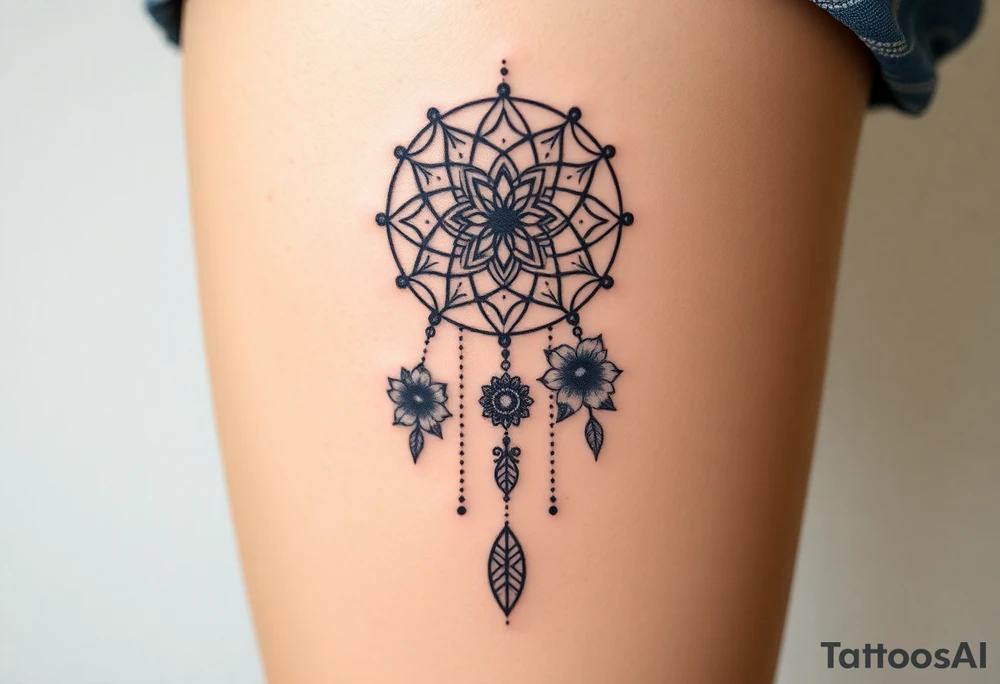 Dreamcatcher with zodiac symbols and protection runes caught in it with tigerlillies roses and sunflowers tattoo idea