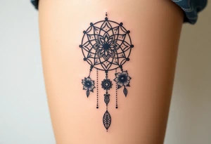 Dreamcatcher with zodiac symbols and protection runes caught in it with tigerlillies roses and sunflowers tattoo idea