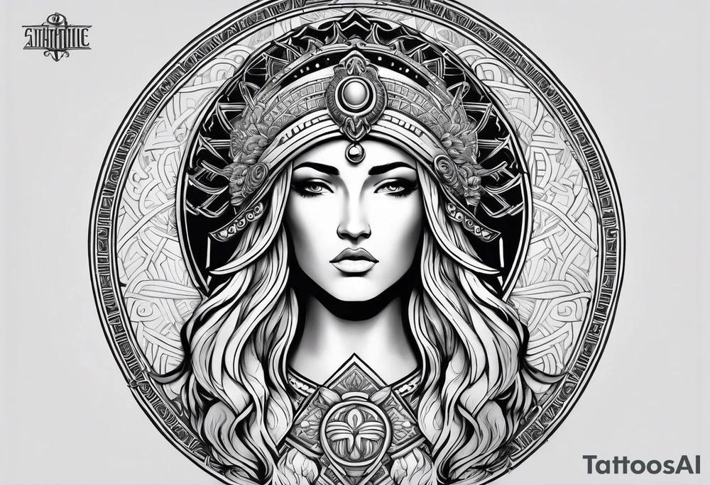 A full tattoo sleeve inspired by Greek mythology, centered around the Greek goddess Athena. Athena is portrayed with a strong, commanding presence, symbolizing wisdom, strength, and warfare. The design emphasizes bold, clean lines with a focus on sharp contrasts, creating a powerful and dynamic visual impact. Surrounding Athena, incorporate a mandala effect with geometric patterns that evoke a sense of order and strategy, reflecting her role as a warrior goddess. The sleeve also features masculine elements such as a fierce owl with piercing eyes, an ornate warrior’s helmet, and olive branches intertwined with Spartan-style armor, all seamlessly integrated into the design. The overall aesthetic is strong, rugged, and heroic, capturing the essence of Athena’s wisdom and martial prowess in a way that resonates with a masculine energy tattoo idea