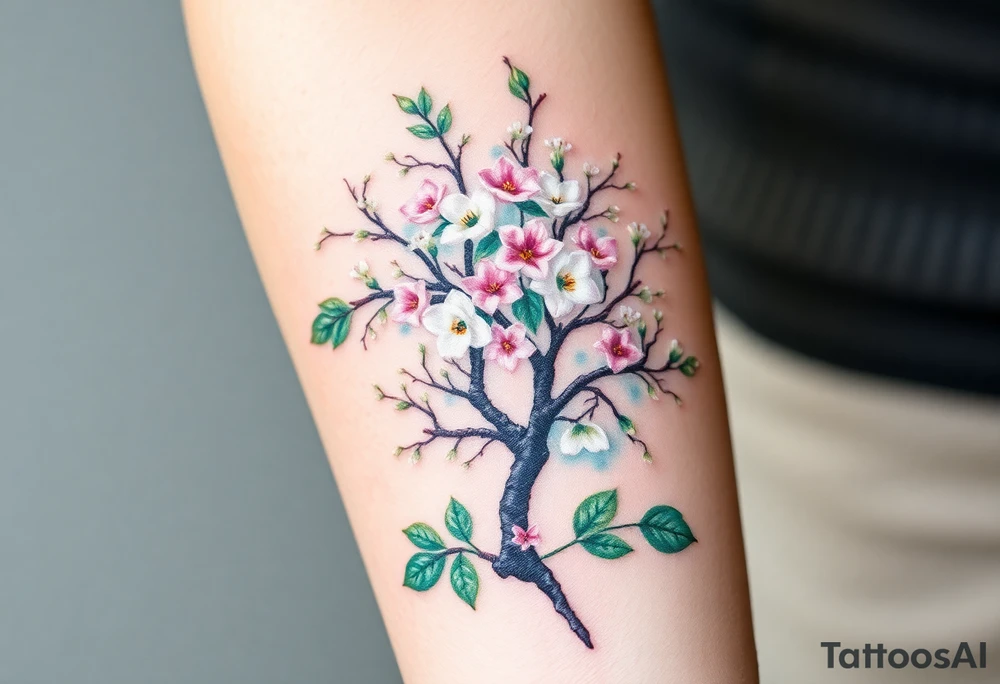 flowering hawthorn tree with white lilly of the vally plants tattoo idea