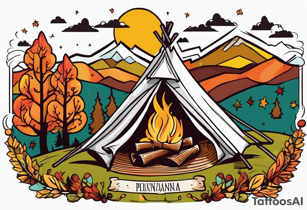 Campfire in Pennsylvania mountains during the fall season with names: Henry, Hattie and Millie in a ribbon tattoo idea