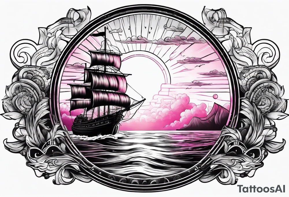 an ancient ship sailing in front of a synthwave sun, guitars in the sky tattoo idea