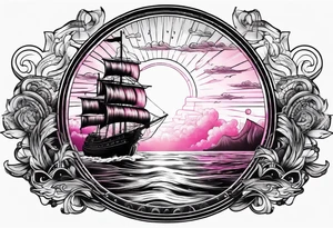 an ancient ship sailing in front of a synthwave sun, guitars in the sky tattoo idea