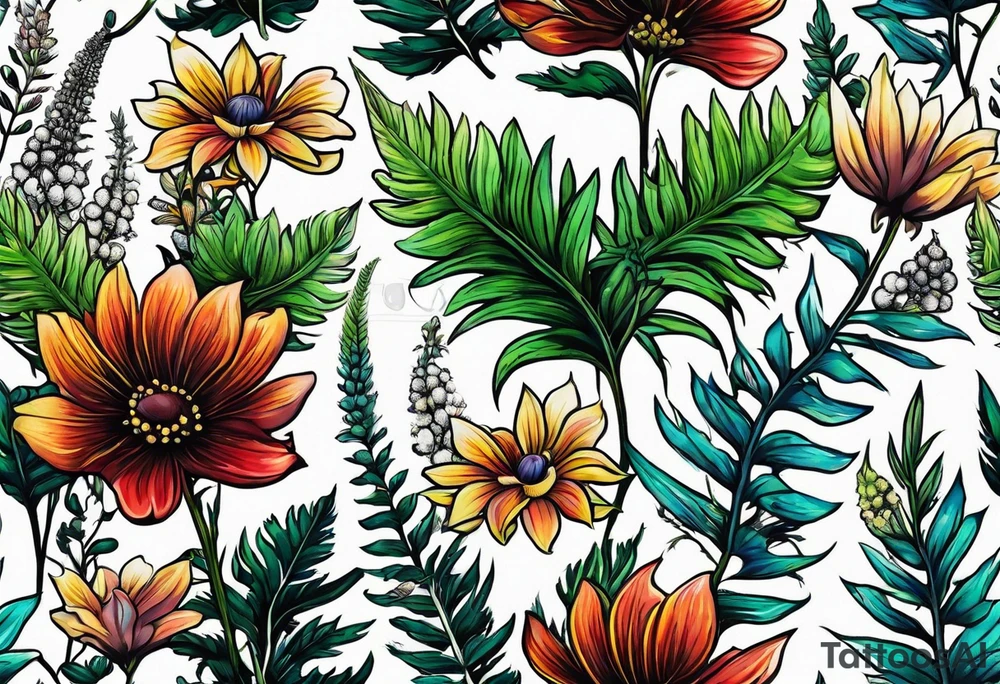 vertical mixed wildflower with ferns and with color tattoo idea