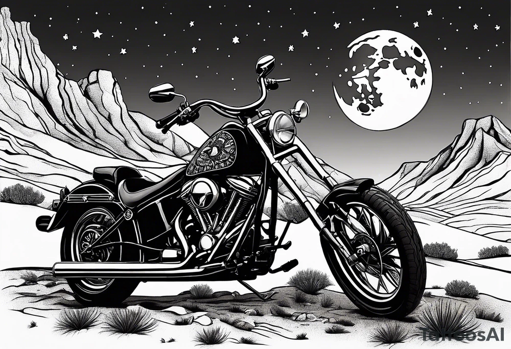 Guitar by a campfire with a desert landscape and motorcycle silhouette and a half moon and stars tattoo idea