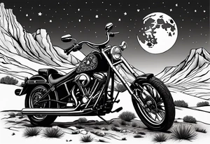 Guitar by a campfire with a desert landscape and motorcycle silhouette and a half moon and stars tattoo idea