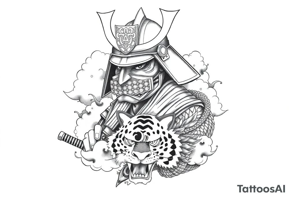 samurai warrior wearing a helmet and a mask. Some clouds around, with a tiger’s head beneath, and a samurai sword. This should be a good tattoo for forearm. Add a dragon going around them tattoo idea