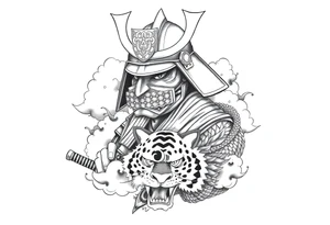 samurai warrior wearing a helmet and a mask. Some clouds around, with a tiger’s head beneath, and a samurai sword. This should be a good tattoo for forearm. Add a dragon going around them tattoo idea