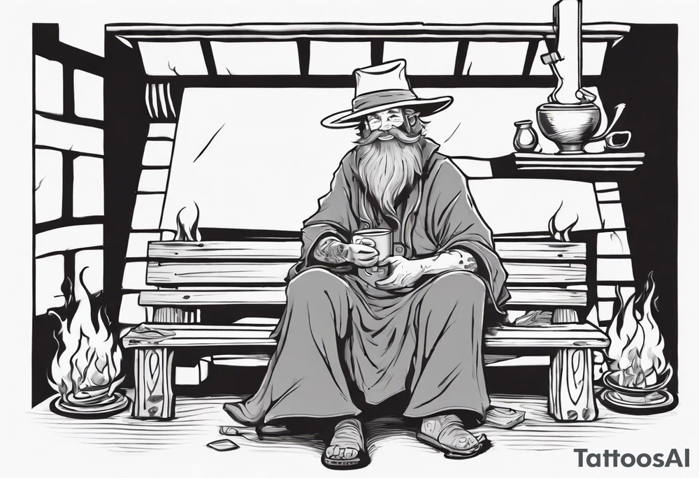 a marshwiggle with a long grey beard wearing a tunic and a floppy hat sitting on a bench by a fireplace drinking from a wood cup, smiling tattoo idea