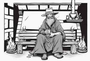 a marshwiggle with a long grey beard wearing a tunic and a floppy hat sitting on a bench by a fireplace drinking from a wood cup, smiling tattoo idea