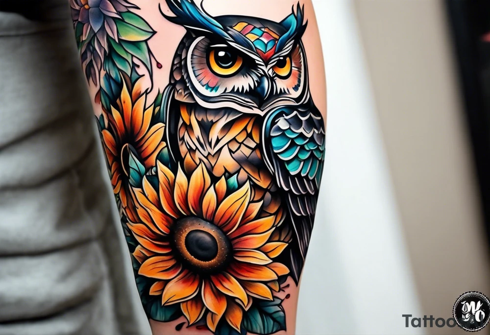 Leg sleeve with colorful sunflowers and an owl tattoo idea