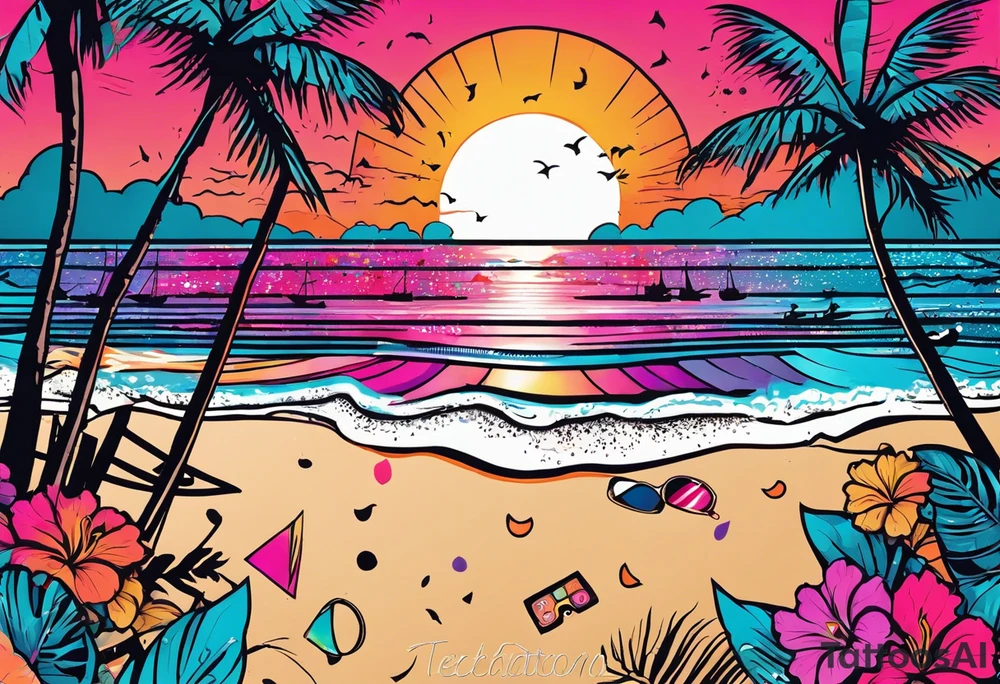 1980's miami vice style beach dance 
party, include confetti, music notes, boom box, bikinis sunset in the center tattoo idea