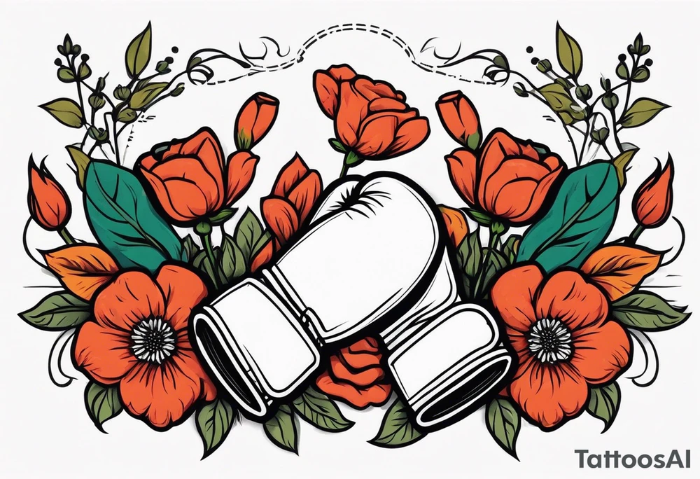 boxing gloves and flowers around the gloves  bold colors traditional old school vintage
banner tattoo idea