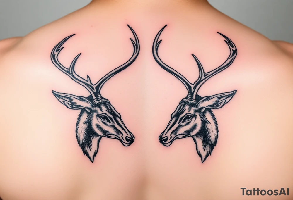 Two full body detailed deer heads down hitting horns to show dominance. tattoo idea