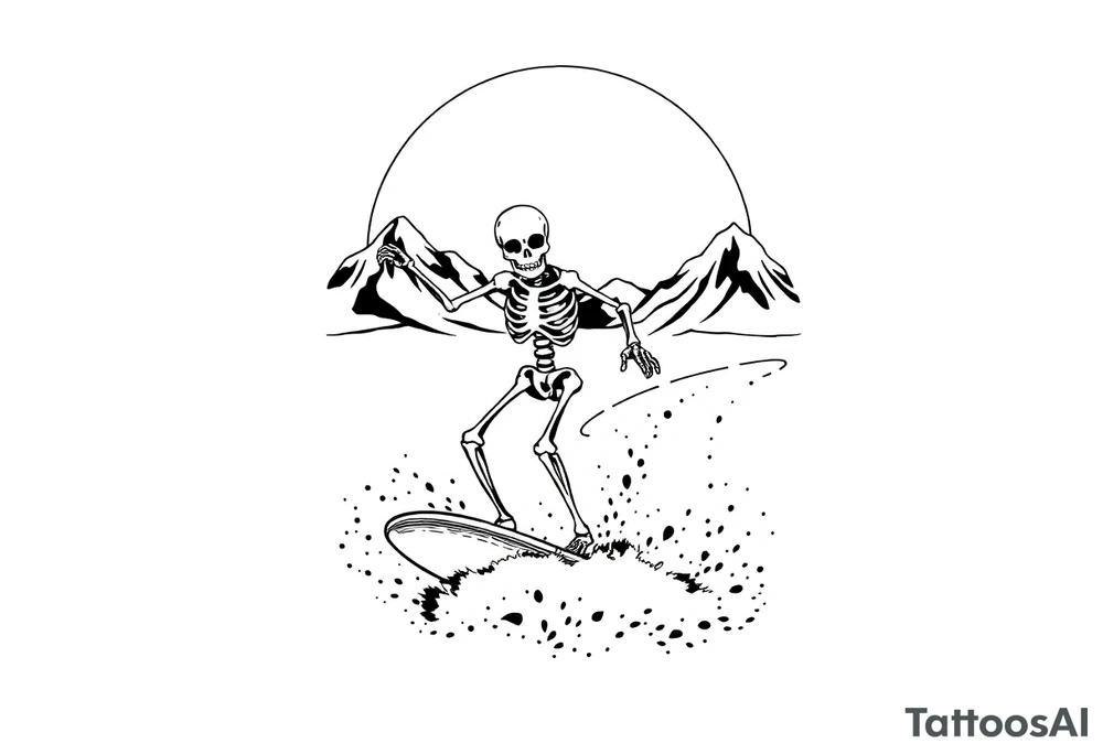 simple skeleton wakeboarding behind boat, holding onto waterspouts rope handle with one hand, simple mountains in the background tattoo idea