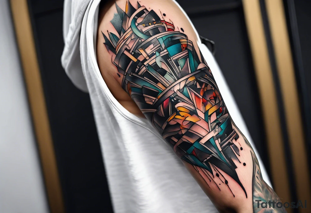 flowing abstract large forearm tattoo with lines, splatters, circles tattoo idea