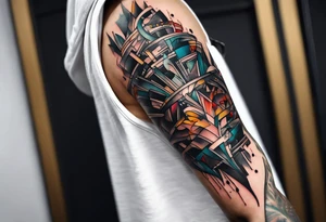 flowing abstract large forearm tattoo with lines, splatters, circles tattoo idea
